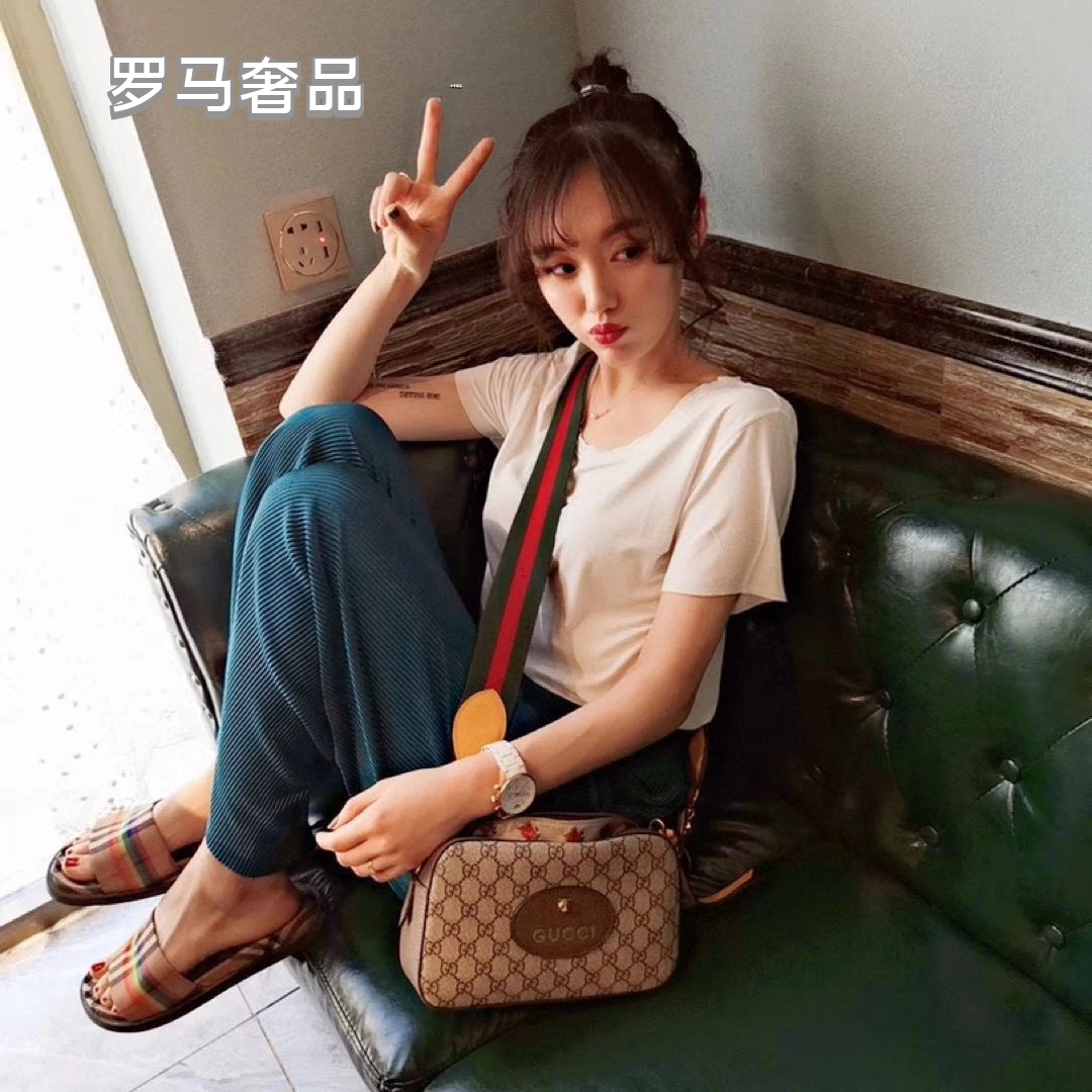 Gucci Retro Monogram Canvas Camera Crossbody Bag with Striped Strap