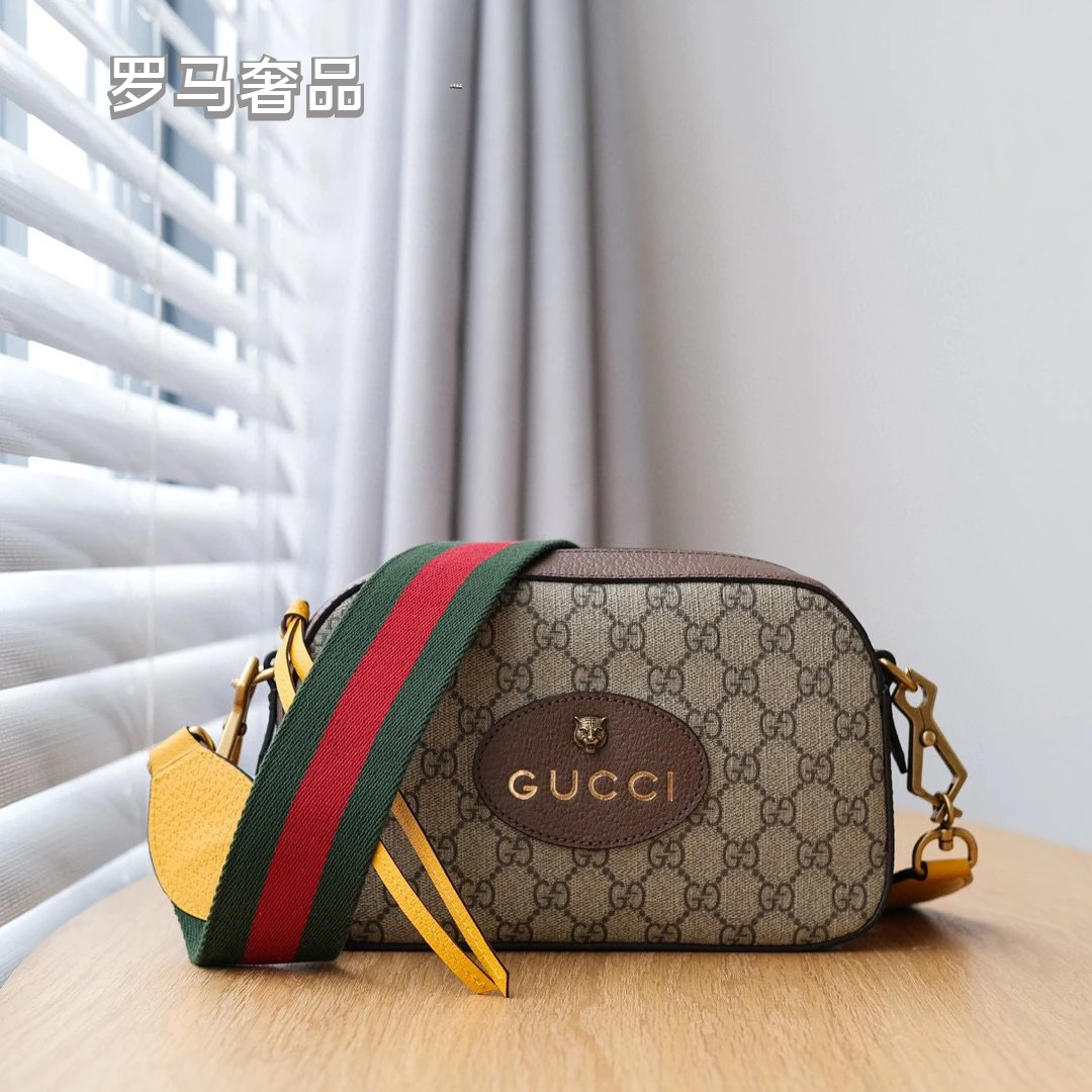 Gucci Retro Monogram Canvas Camera Crossbody Bag with Striped Strap