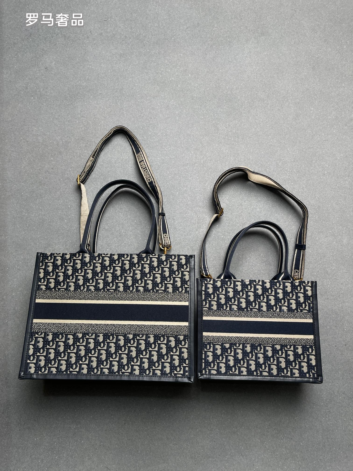 Dior Navy Blue Monogram Canvas Tote Bag with Top Handles