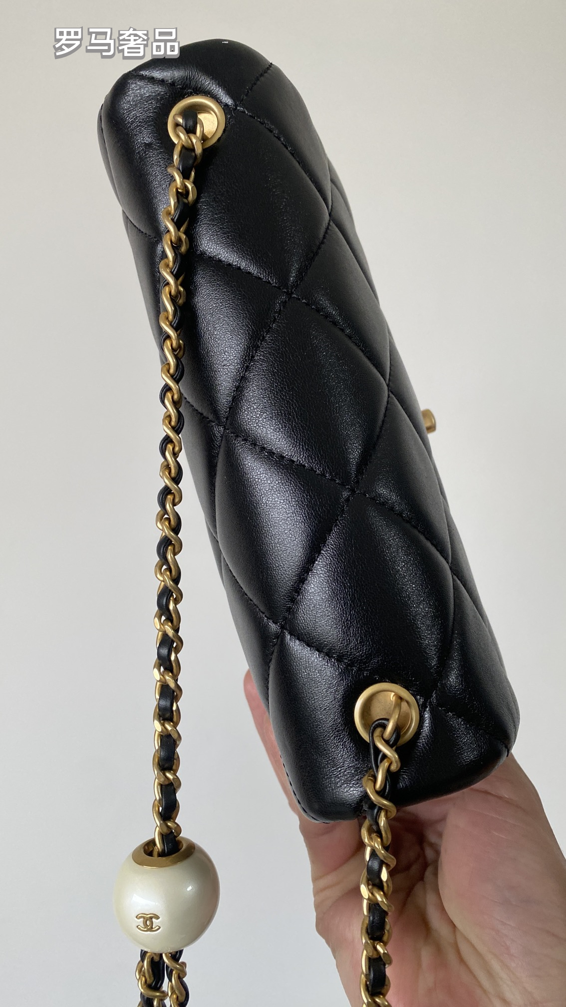 Chanel Quilted Lambskin Mini Flap Bag with Pearl Crush Chain - Black Gold Hardware