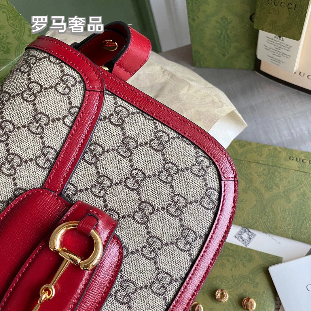 Gucci Vintage Monogram Canvas Crossbody Bag with Red Leather Trim