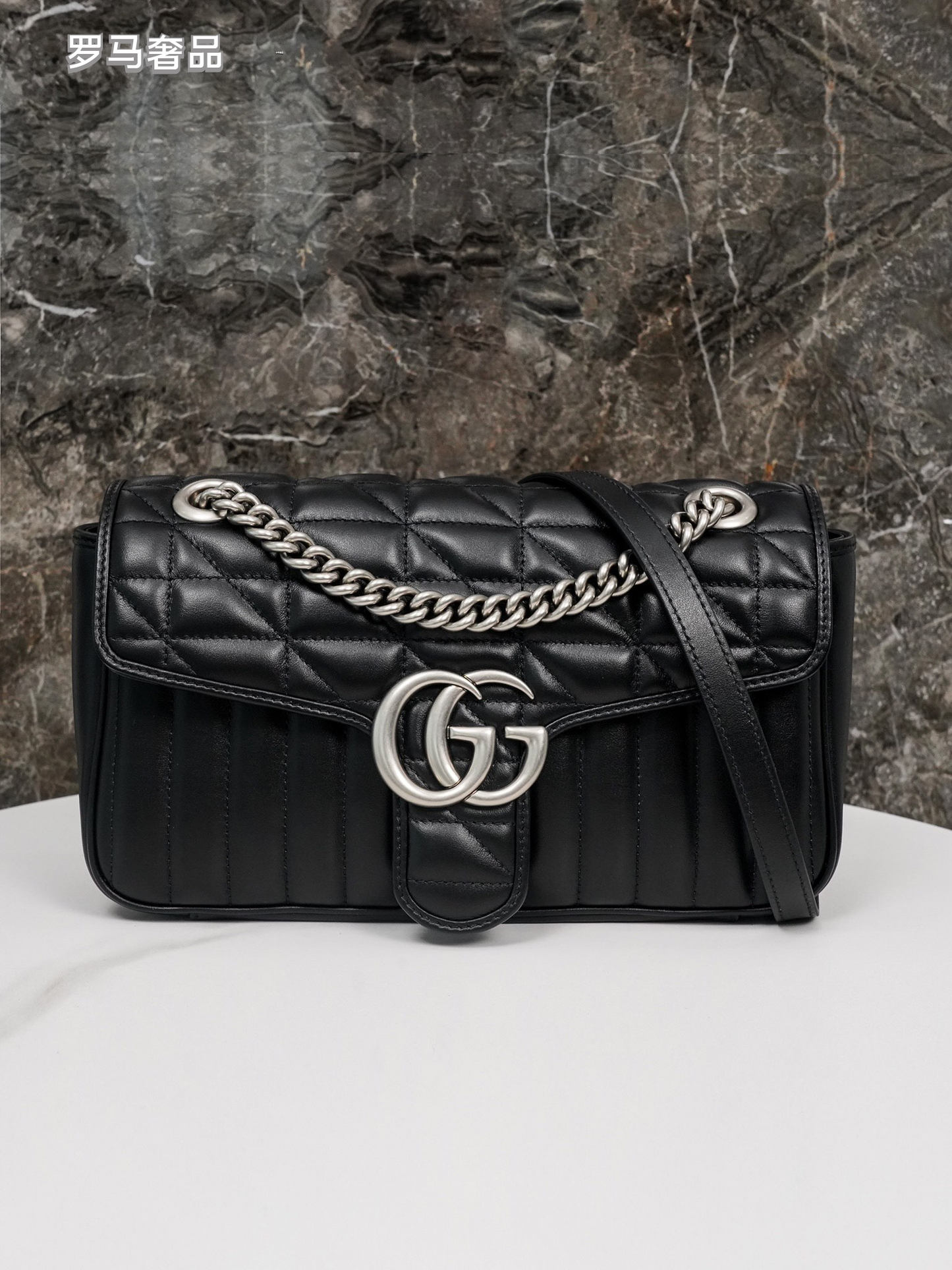 Gucci Black Quilted Leather Flap Shoulder Bag with Silver Chain Strap