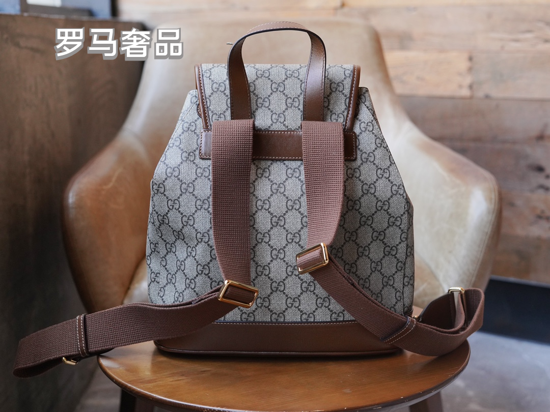 Gucci Classic Monogram Canvas Backpack with Brown Leather Trim and Drawstring